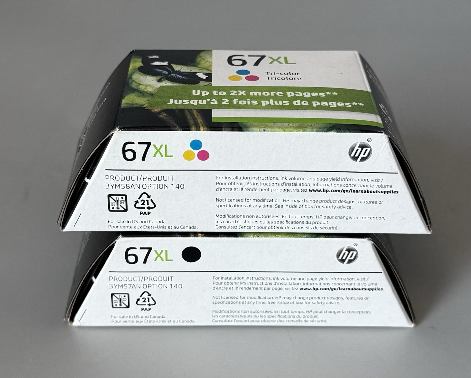 Lot of 2 Genuine HP 67XL Ink Cartridges — Black & Tri-Color — 2026 Expiration