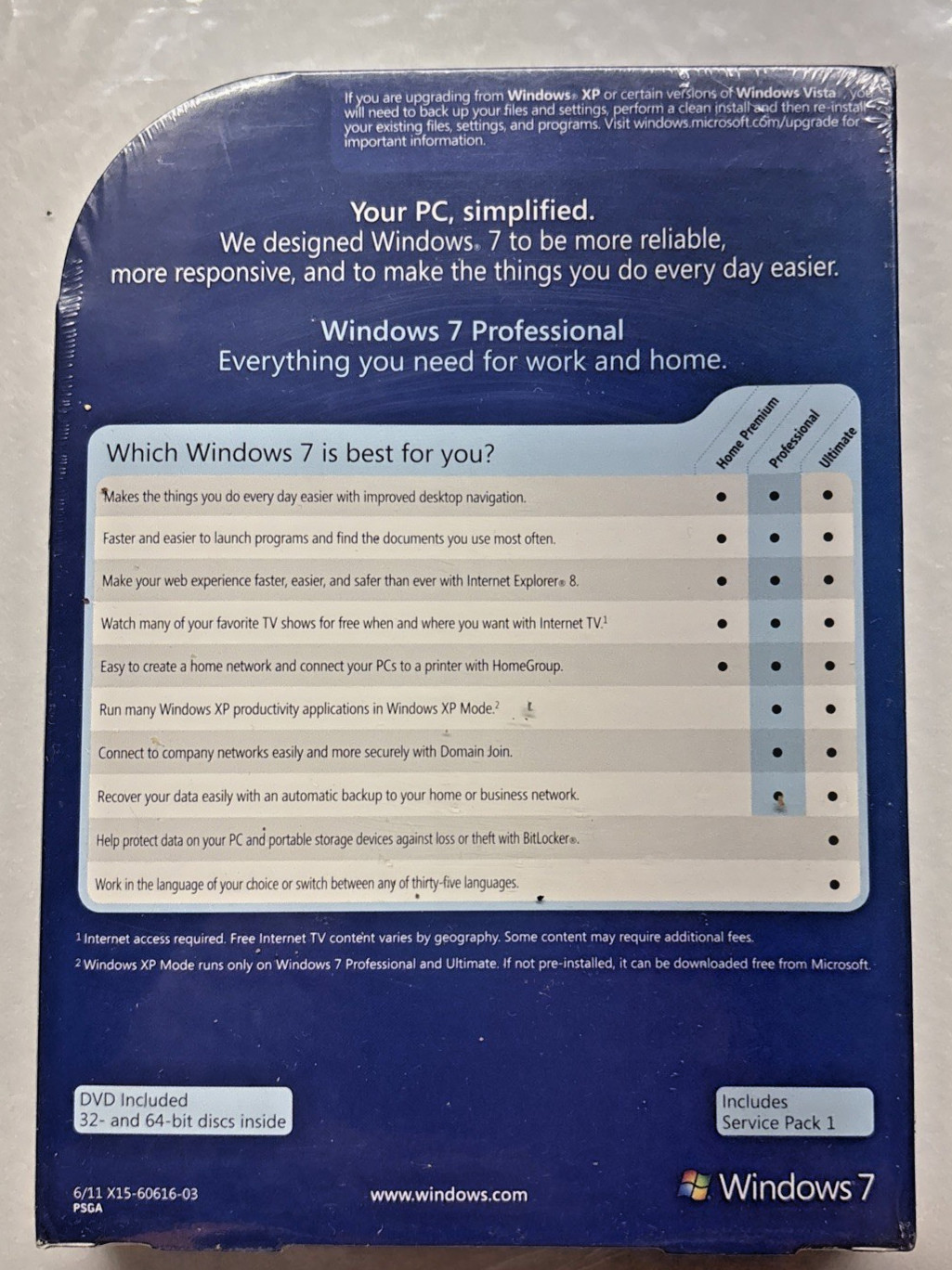 Microsoft Windows 7 Professional Full 32 & 64 Bit DVD MS WIN PRO=NEW SEALED BOX