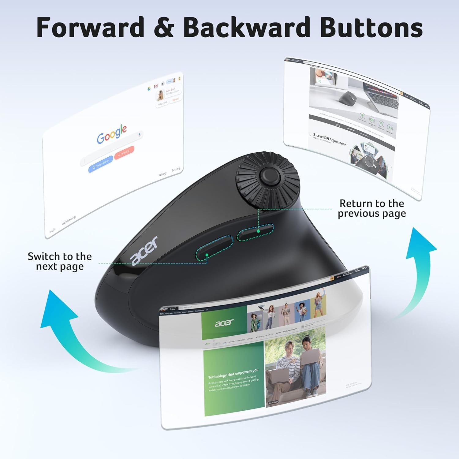 acer Ergonomic Mouse Wireless with Side Scroll Wheel, Bluetooth Mouse for Laptop
