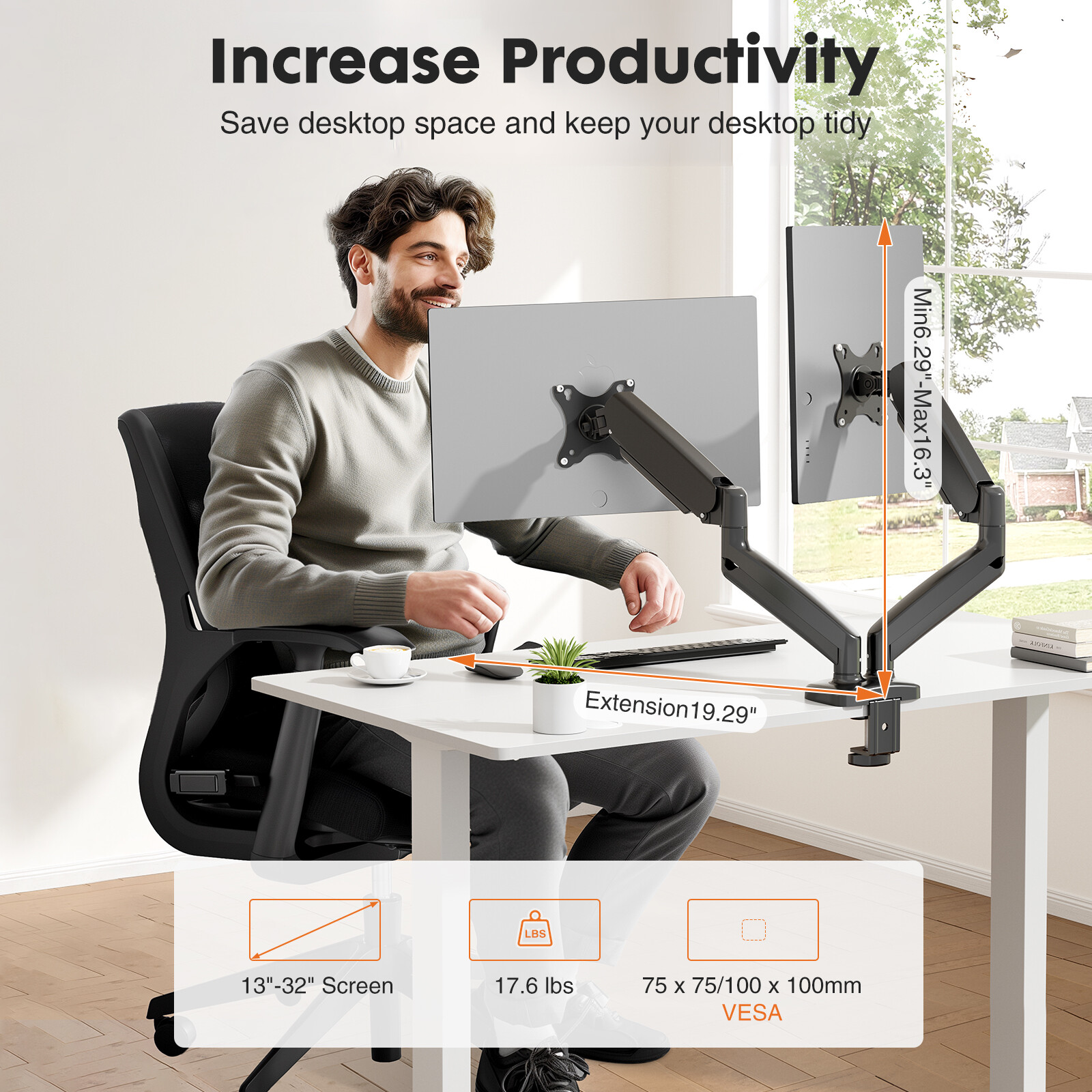 Dual Monitor Stand VESA Gas Spring Desk Mount Adjustable Swivel 13-32in Screen