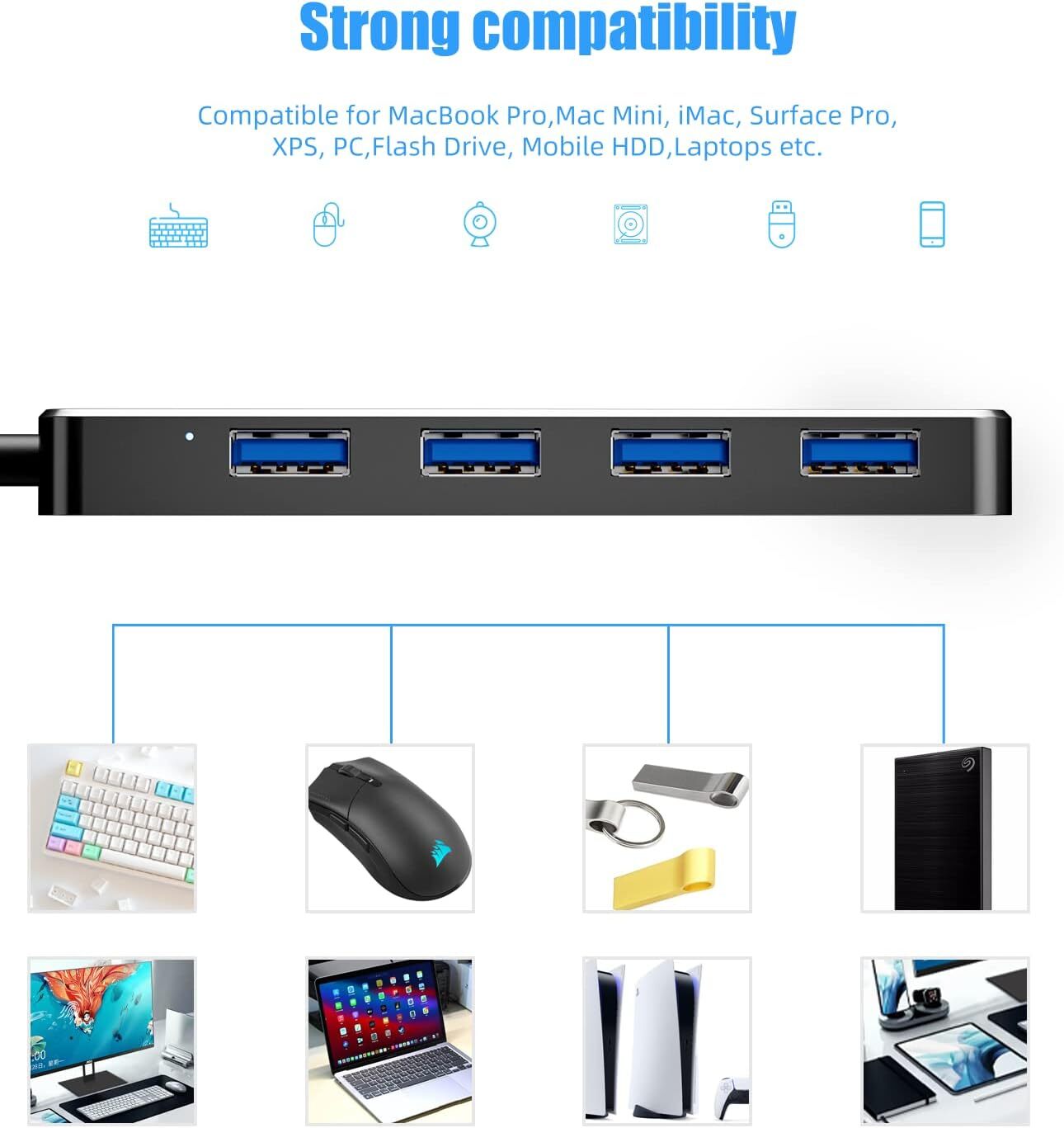 4 Port USB 3.0 Hub Splitter Multi Adapter 5Gbps High Speed PC Desktop Laptop Lot