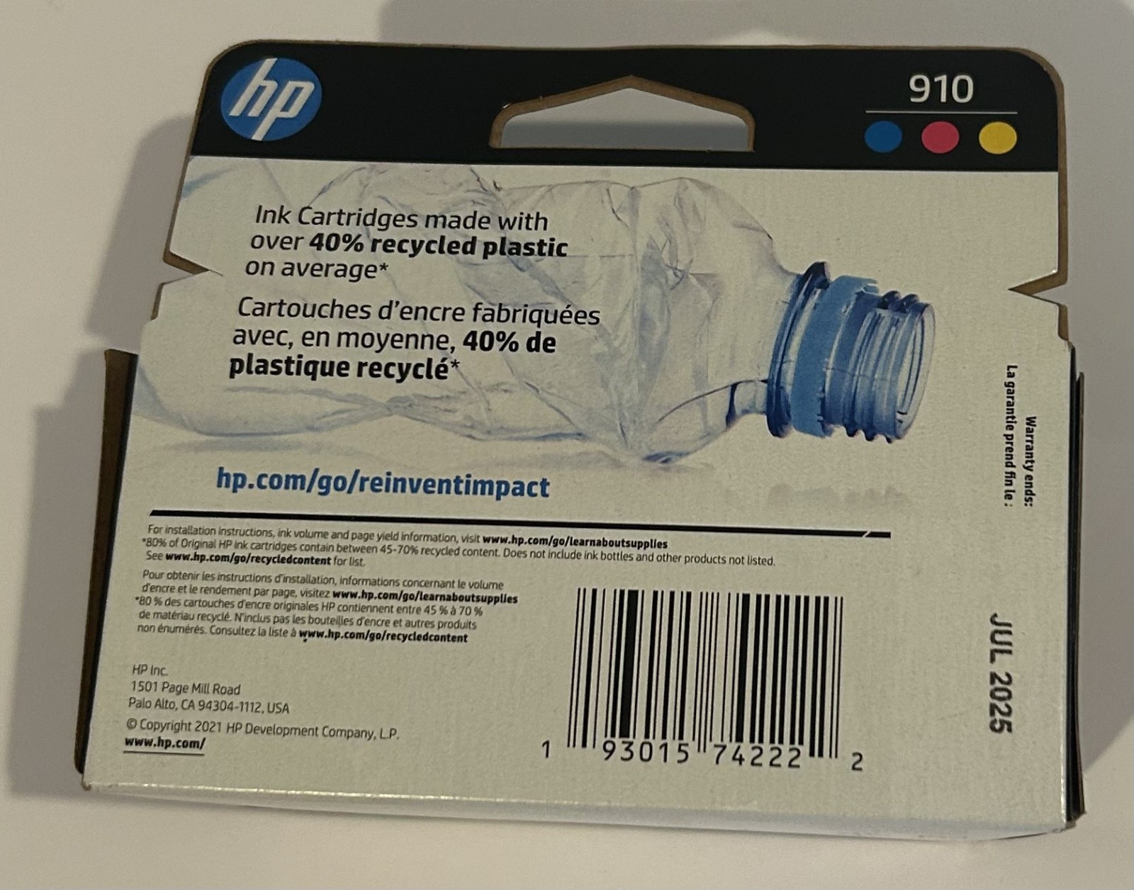 Original HP 910 3 Pack Cyan Magenta Yellow Ink Cartridges Exp July 2025
