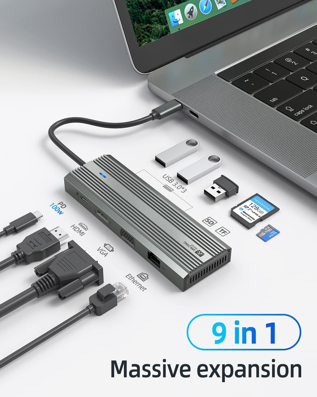 9in1 Hub Laptop Dock Station Type C HDMI 4K TF VGA RJ45 PD 100W USB 3.0 Adapter