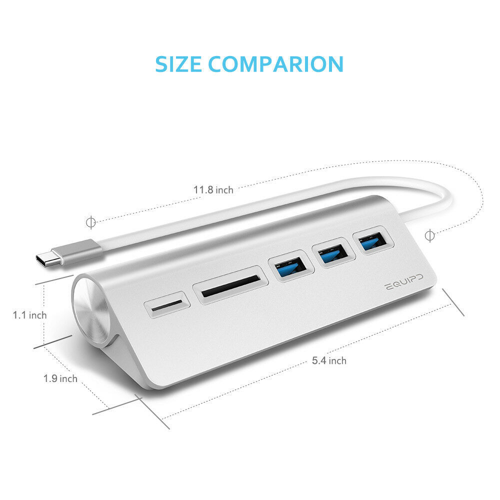 Aluminum USB Type-C Hub Adapter w/3 USB 3.0, SD/TF Card Reader for iMac Macbook