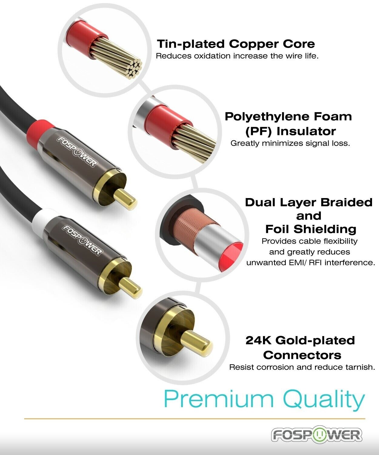 FosPower 3 6 10 15 25 FT Gold Plated RCA Male L/R Stereo Audio Cable Cord Plug