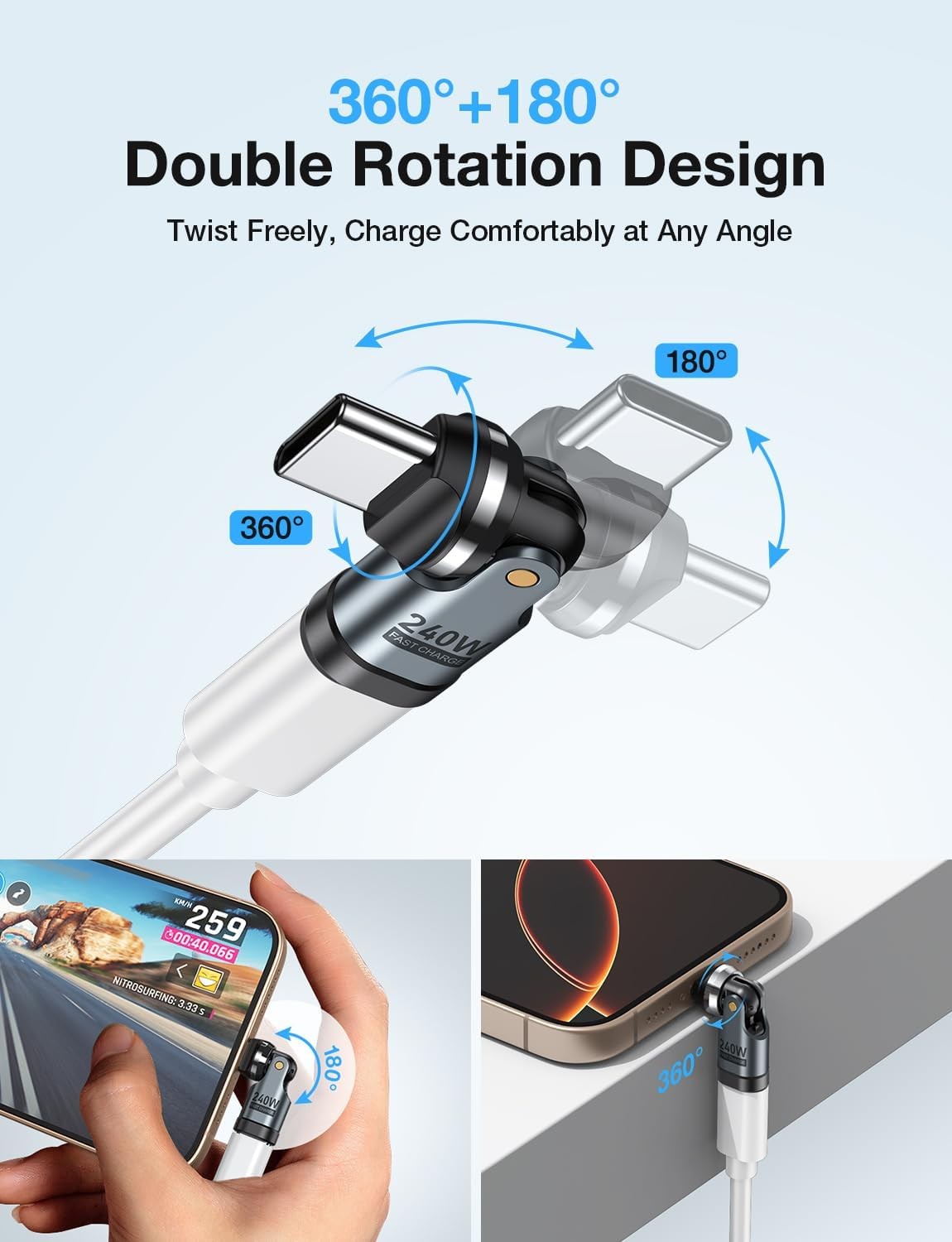 USB-C 90° Right Angle Adapter 2-Pack, PD 240W 180°/360° Type-C Converter