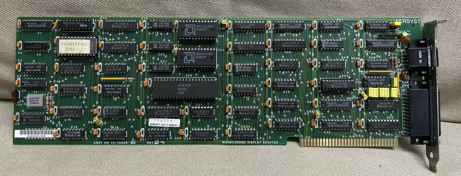 PERSYST Monochrome Display Adapter 8-bit ISA Video Card for IBM: No 12-10068-01
