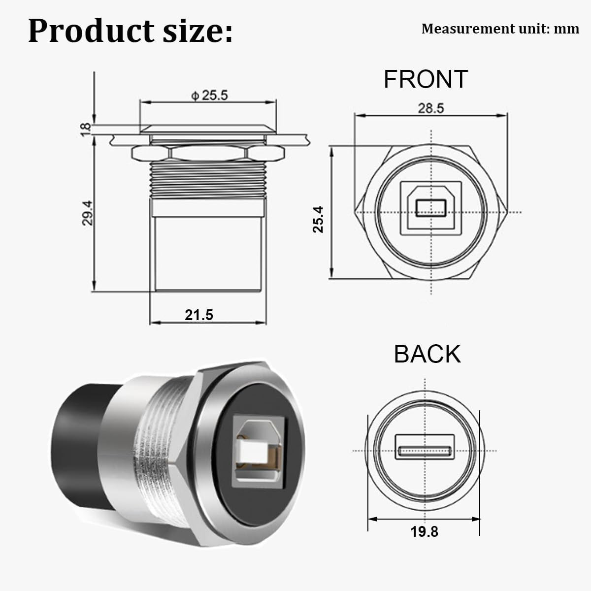 2PCS USB B to a Panel Mount Connector, USB 2.0 Female Data Connector