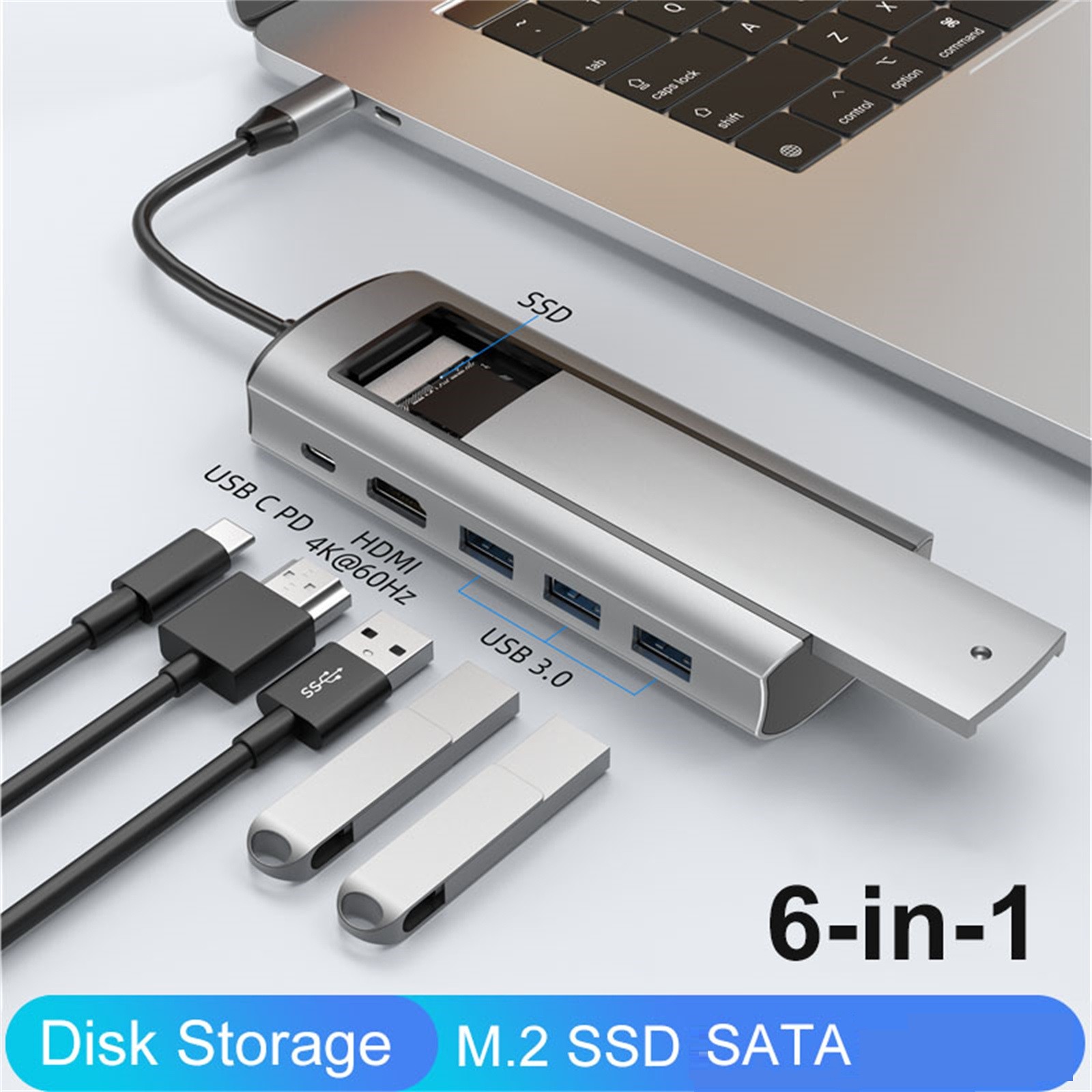 6 in 1 USB3.0 Hub With Disk Storage Function USB3.0 Type-c to HDMI Laptop Dock