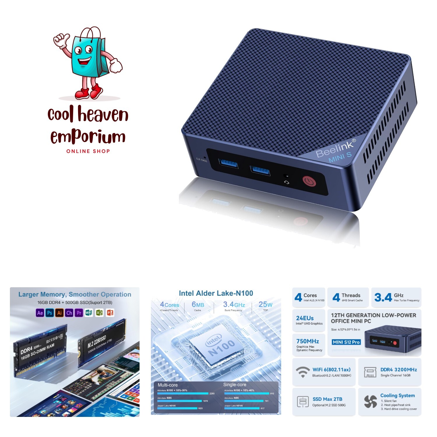 Mini PC, Mini S12 Pro Intel 12th N100Up to 3.4GHz, 16GB 500GB M.2 SSD, Mini D…
