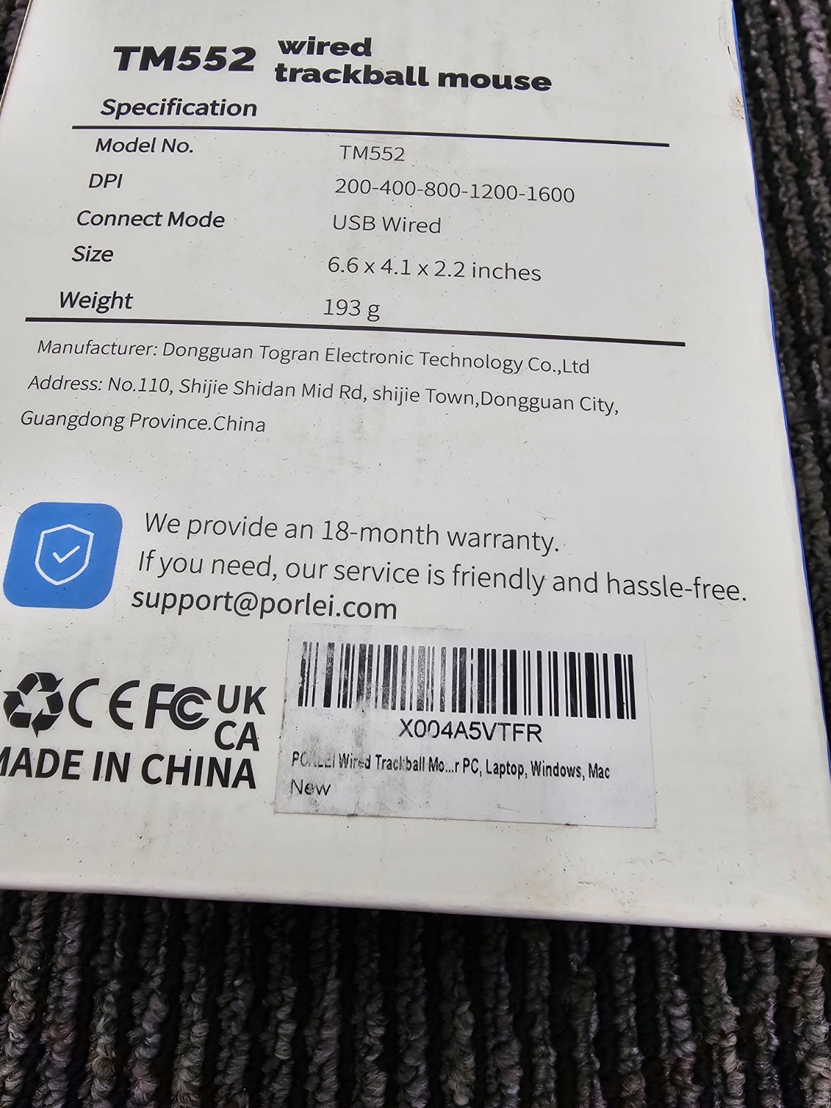 PORLEI TM552 USB Wired Trackball Thumb Drive Mouse 200-400-800-1200-1600 DPI