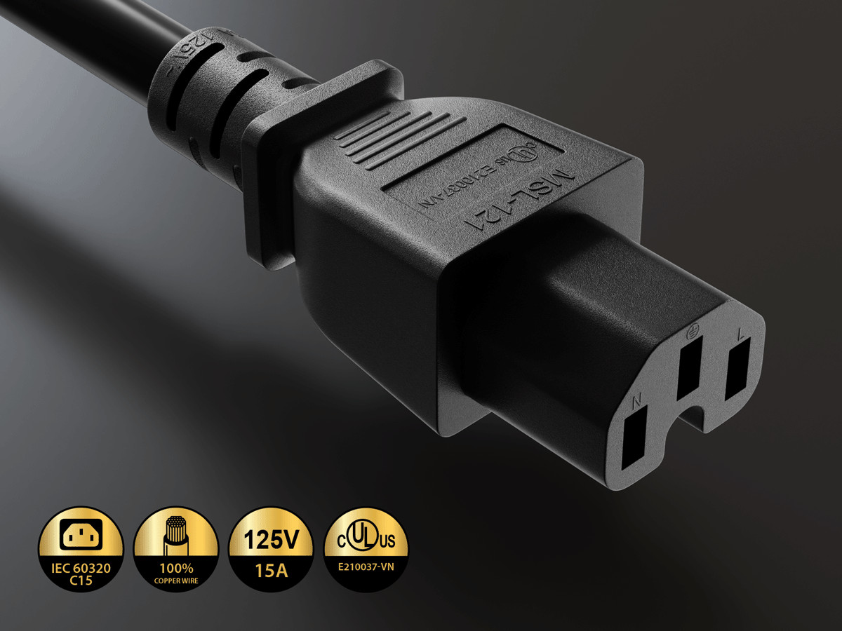 7ft NEMA 5-15P to C15 Heavy Duty Power Cord 14AWG SJT 15A/125V, Black