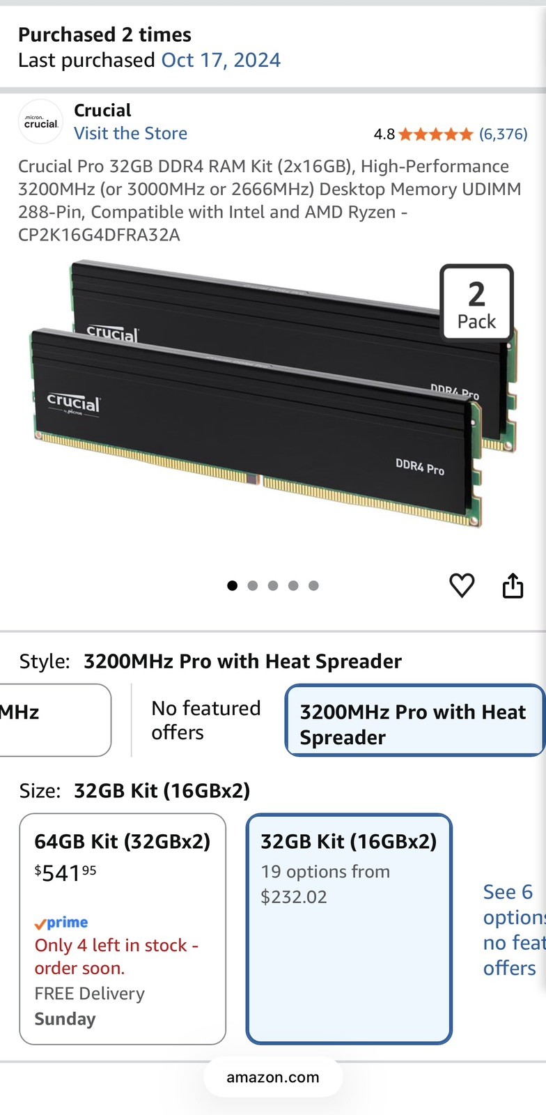 Crucial Pro 32GB (2x16GB) DDR4-3200MHz CL22 RAM Kit (Intel/AMD) compatible