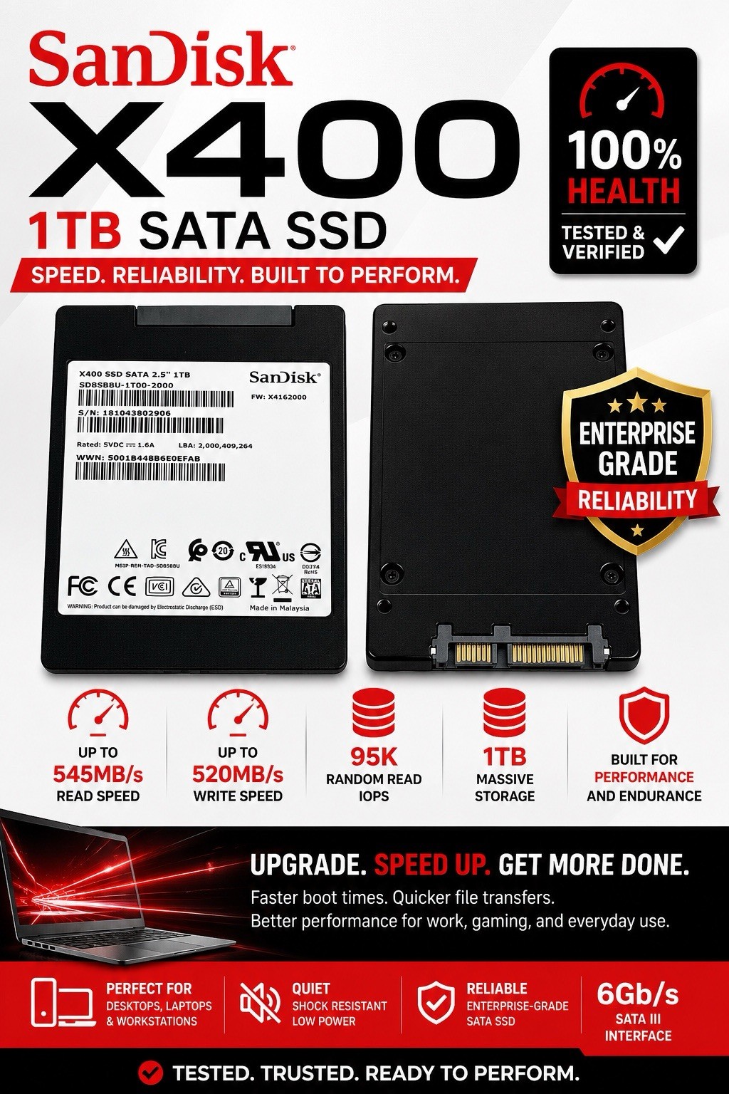 1TB SATA SSD SanDisk 2.5″ 6Gbps X400 Enterprise SSD 95K 100% HEALTH