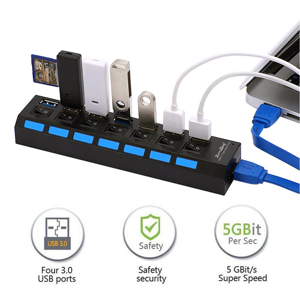 7 Port USB 3.0 Hub High Speed Splitter Box Power Adaptor Charger ON/OFF Switch