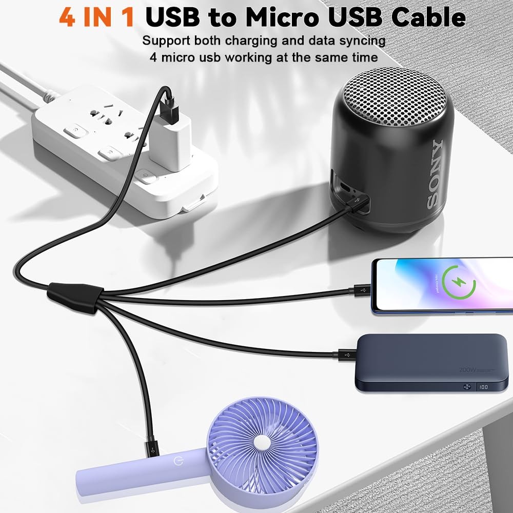 Herfair Micro USB Splitter Cable, 4-in-1 Multi 1 to 4 Micro, Black
