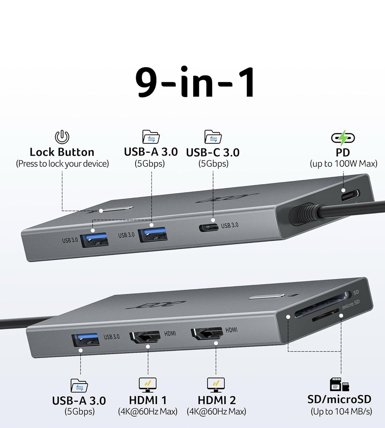 Acer USB C Docking Station Dual HDMI 4K@60Hz, 9-in-1 Laptop Dock 100W PD