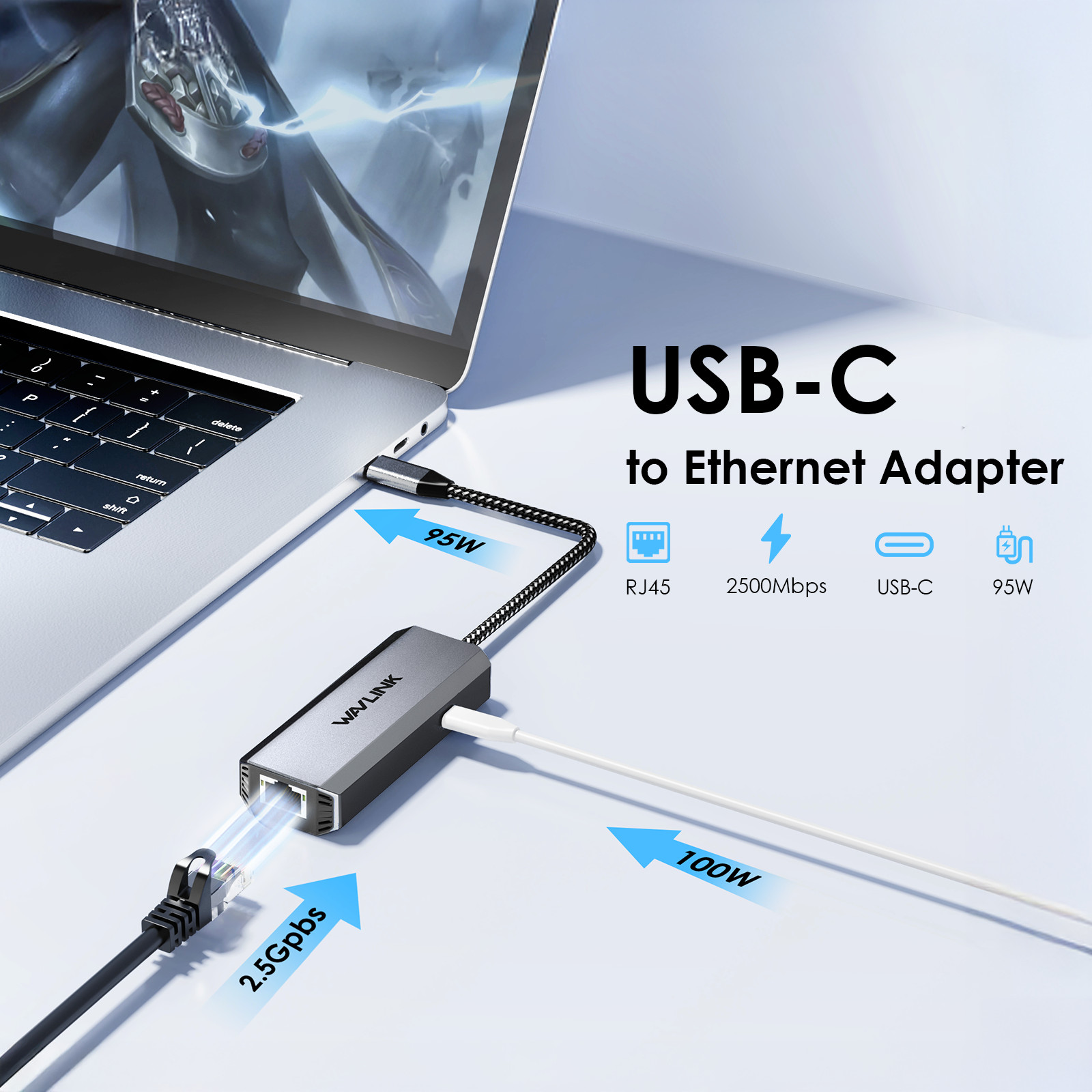 2.5G/5G 95W PD USB-C Ethernet Adapter 10/100/1000Mbps iPhone 17/Mac/Win/Linux