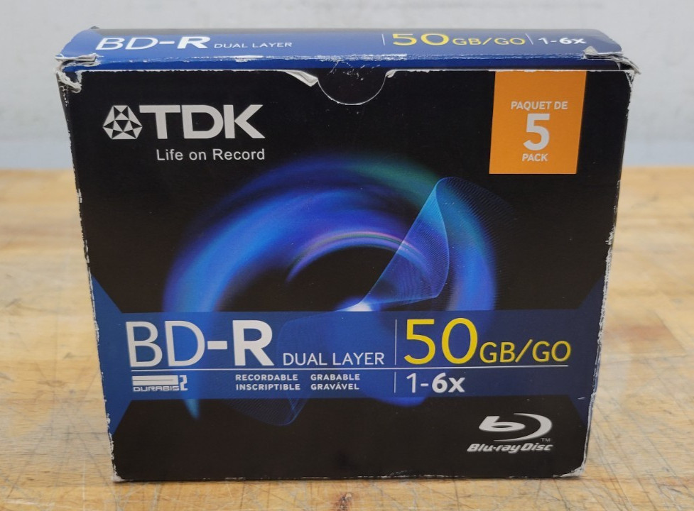 TDK Blu-Ray BD-R Discs 5 Pack – 1-6x 50GB Dual Layer Discs – Open Box