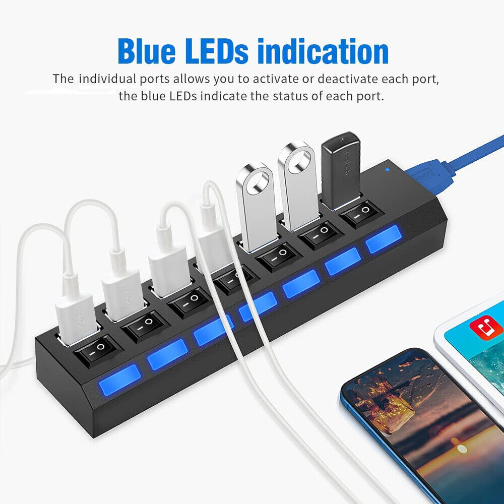 USB 3.0 Hub 7 Port On/Off Switch High Speed Splitter AC Adapter Cable PC Laptop
