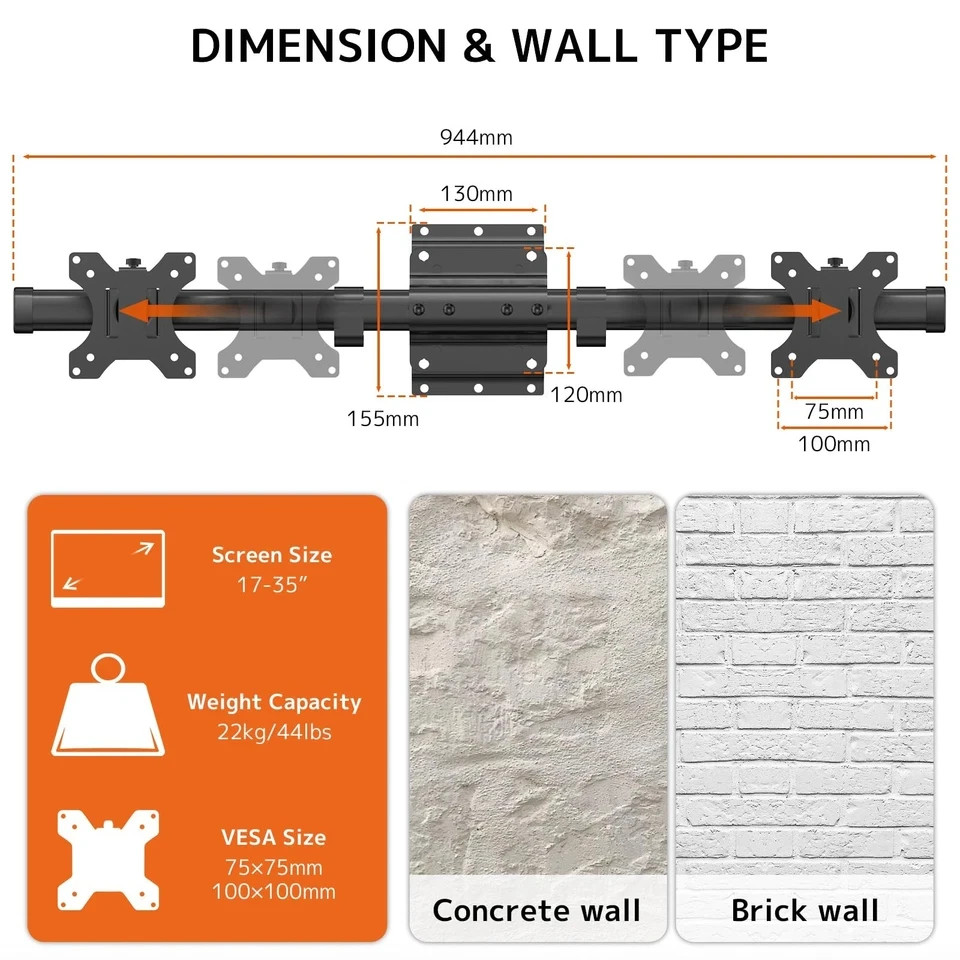 Dual Monitor Wall Mount 35″ Horizontal VESA 75×75/100x100kg 10kg Black