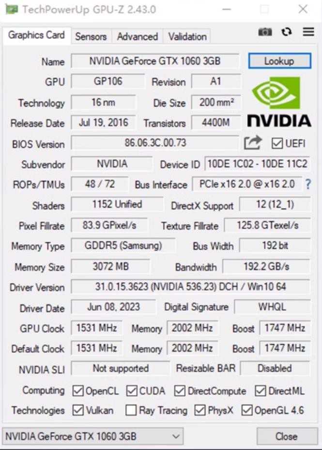 GTX 1060 3GB GDDR5 Low Profile Graphics Card PCIe Bus Powered PCIE 3.0×16 70W