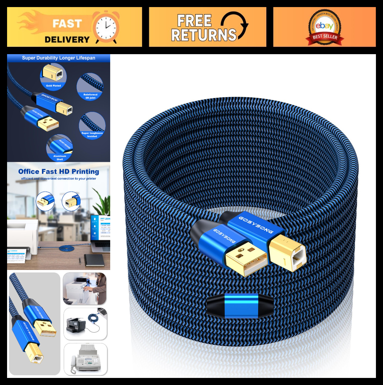 40ft High-Speed USB A to B Cable – Long Printer Connection, Data Transfer Cable