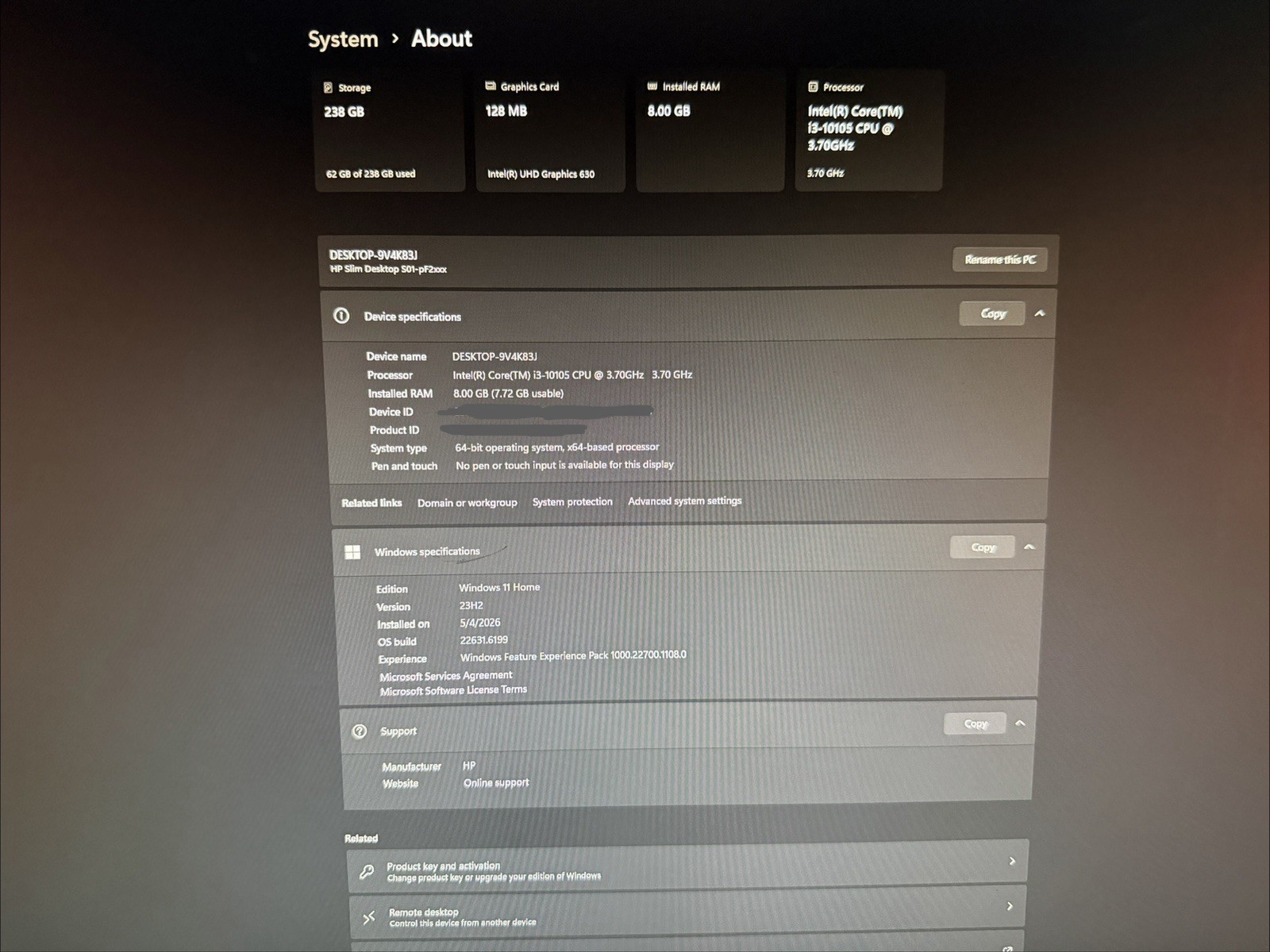 HP Slim i3-10105 3.7GHz Intel UHD Graphics 630 8GB RAM 256GB SSD HPS01-pF2003wb