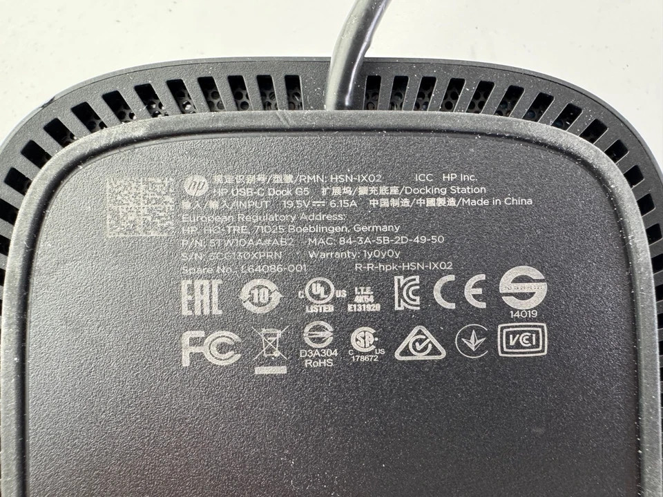 HP USB-C G5 Docking Station (5TW10UT#ABA) with Power Adapter, Cleaned & Tested!