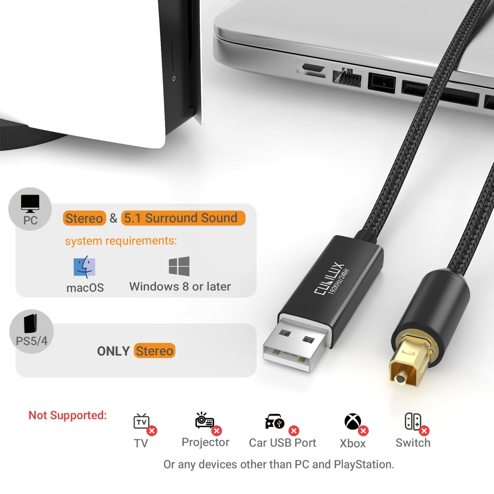 USB A to TOSLINK Optical Audio Cable, Unidirectional USB Type A to SPDIF Digi…