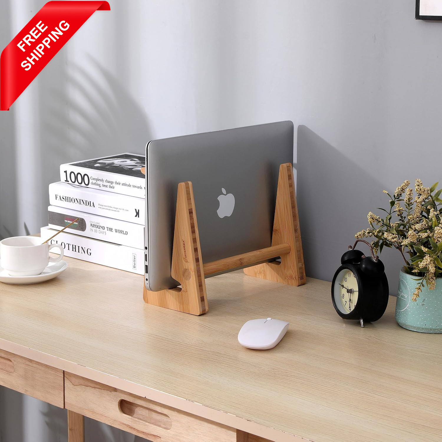 Wooden Vertical Laptop Stand for Desk, Bamboo Laptop Holder Compatible with Macb