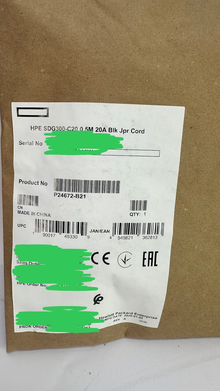 HPE SDG300-C20 Saf-D-Grid 300V 250V 20A 0.5M Power Cord Apollo n2600-Cray 3000W