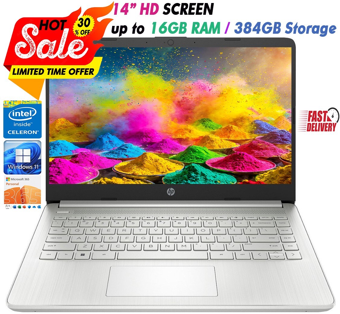 HP 2024 Newest Laptop 14″HD Intel 4-Core Up to 16GB RAM & 384GB Storage Silver