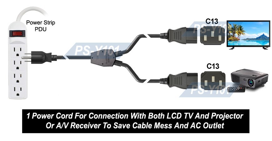 6-Feet AC Outlet To Universal Power Splitter Cord – NEMA 5-15P To IEC320 C13 x 2