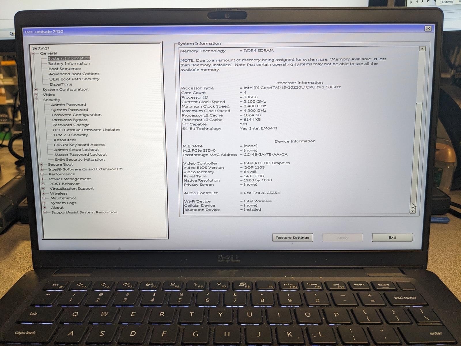 DELL LATITUDE 7410 i5-10210U @ 1.60GHz, 8GB RAM, NO HDD/OS