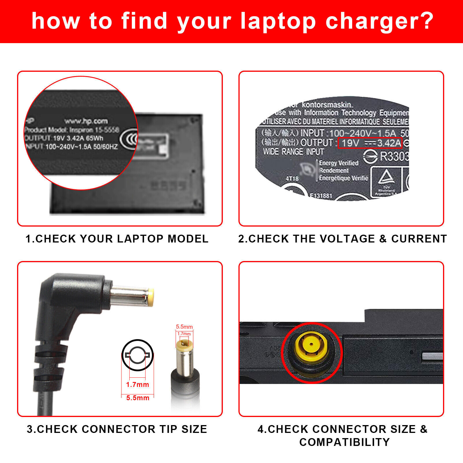 For Acer Aspire 19V 3.42A 65W Laptop AC Adapter Charger Power Cord 5.5*1.7mm