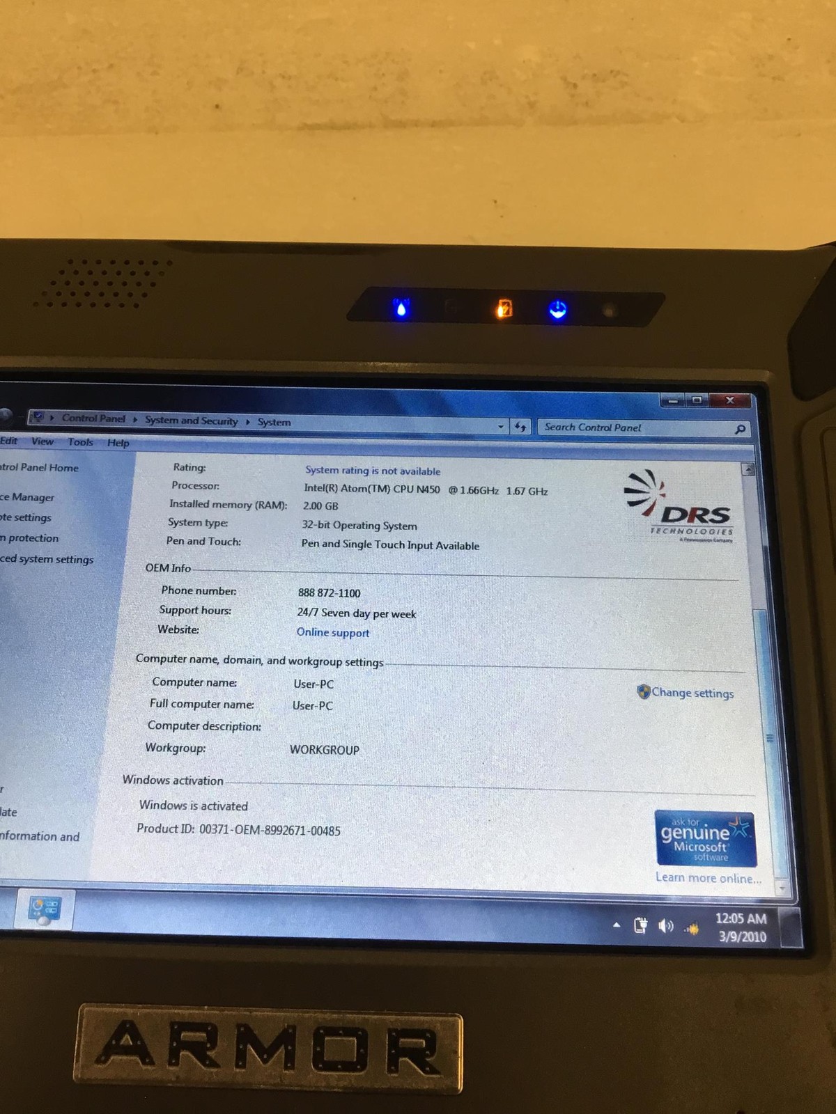 DRS Armor X7 Military Grade Rugged Tablet Intel Atom N450 2Gb Ram, WORKING