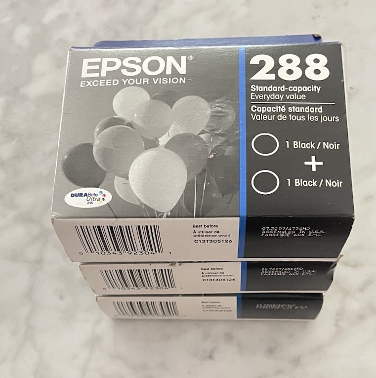 Lot Of 3 Epson 288 Black Ink Cartridges 2-Pack