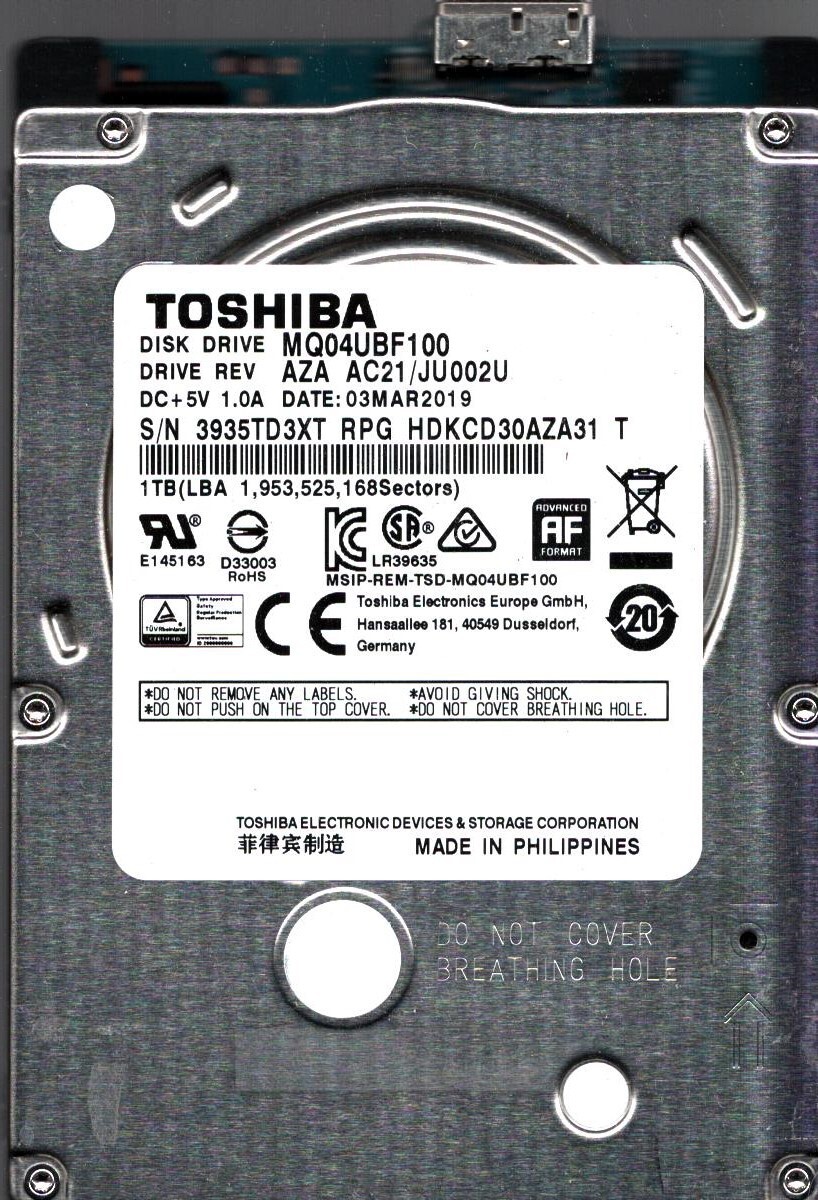 MQ04UBF100 HDKCD30AZA31 T REV: AZA AC21/JU002U 1TB MAR 2019 PHILIPPINES TOSHIBA