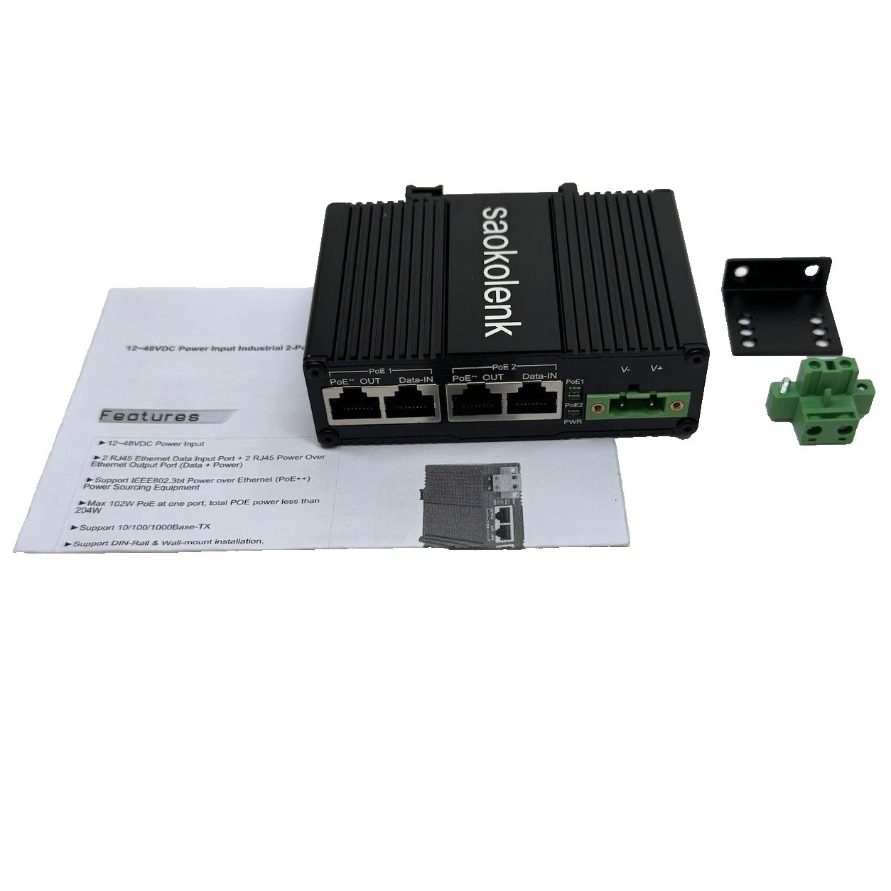 Industrial 95W PoE Injector 2-Port Gigabit Ethernet DIN Rail Adapter 802.3bt NEW