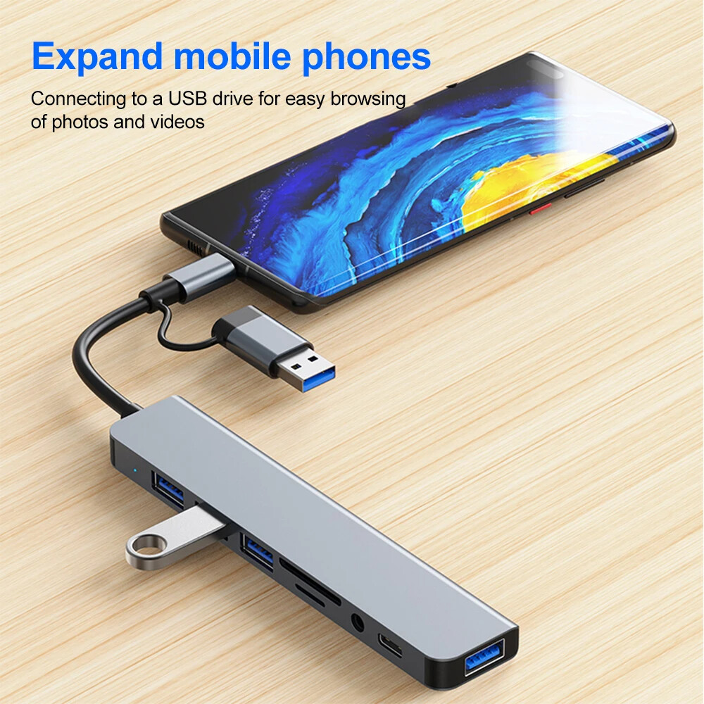 Multi Memory Card Reader 8 in 1 USB Splitter TF/SD Adapter USB C USB Hub 3.0 USA