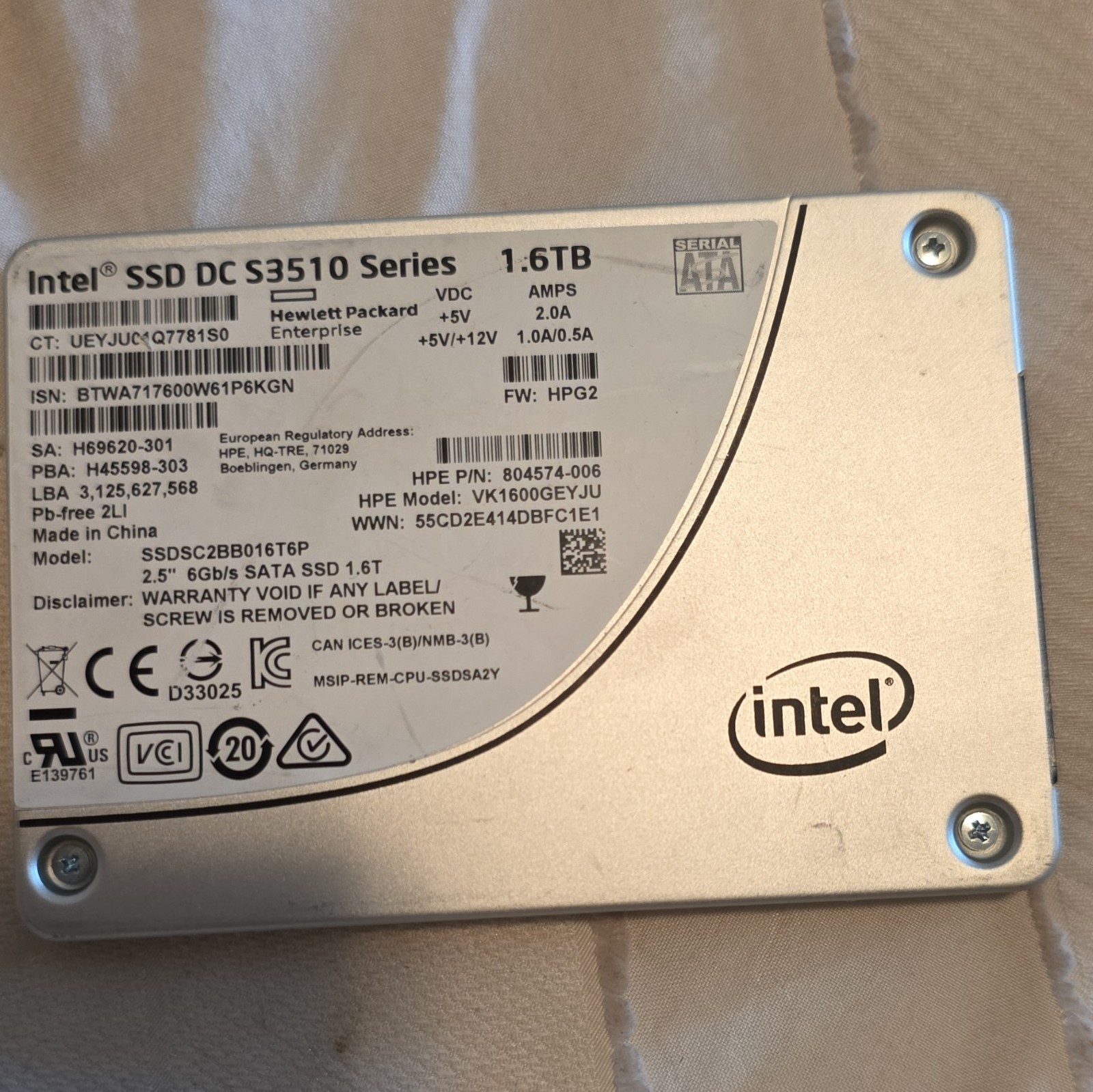 Intel DC S3510 1.6TB 2.5in SATA III Internal SSD SSDSC2BB016T6P