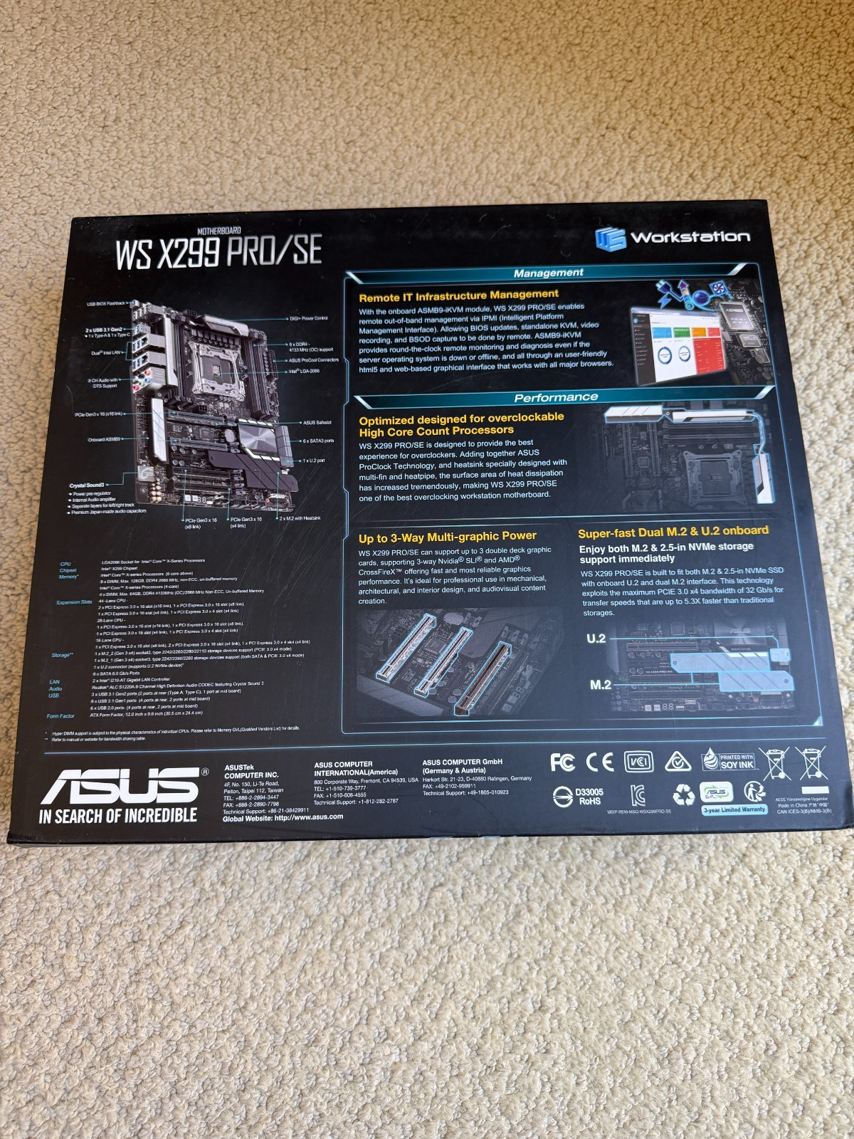 ASUS WS X299 PRO/SE Motherboard LGA 2066 INTEL X299 8xDDR4 ATX USB3.1 M.2 NEW