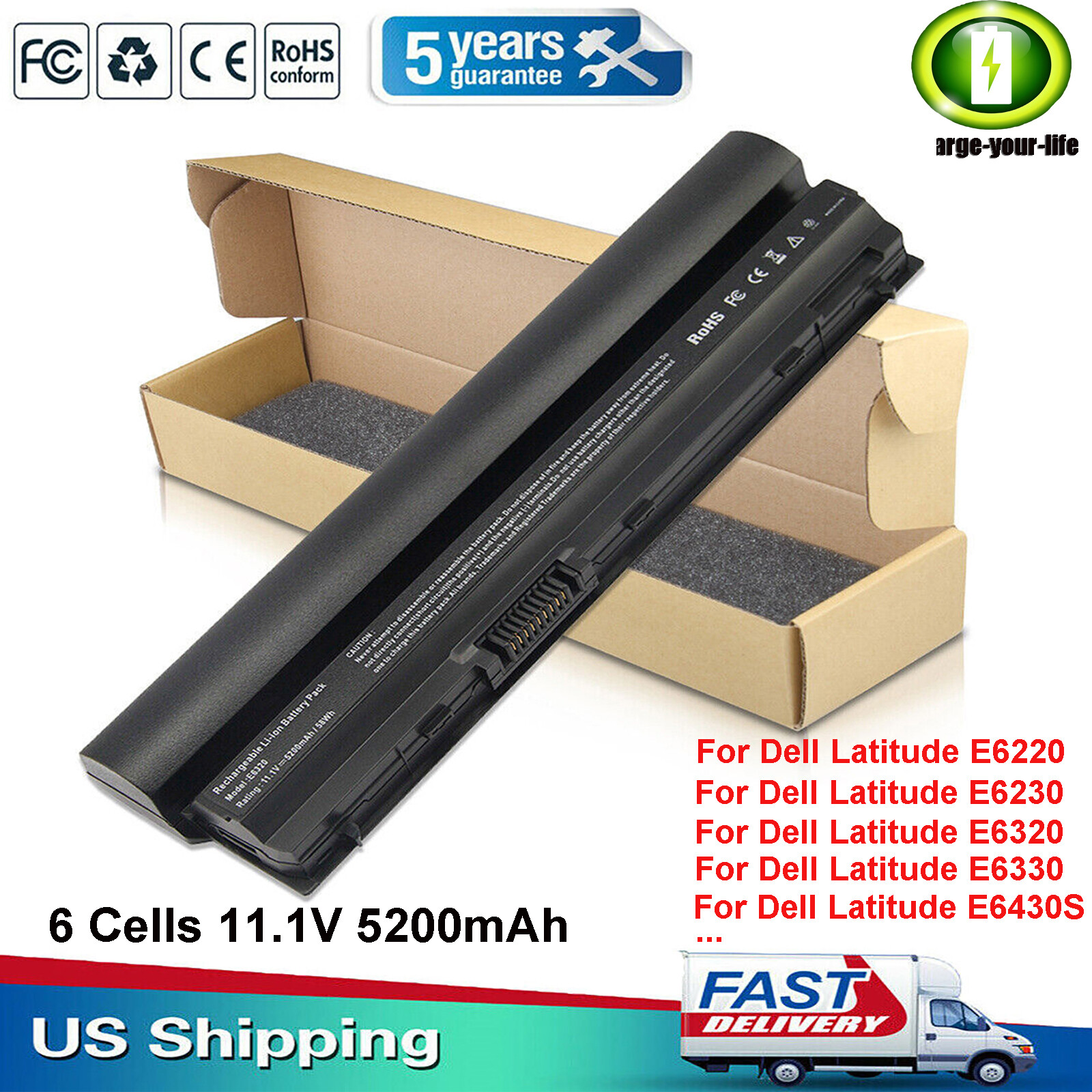 Battery for Dell Latitude E6320 E6230 E6120 E6220 E6330 RFJMW K4CP5 5200mAh FAST