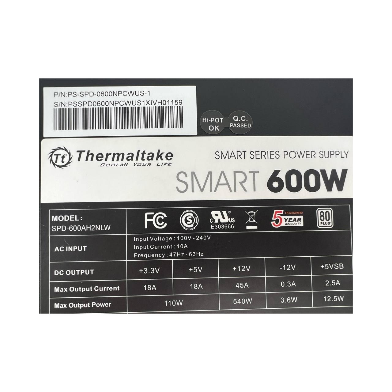 Thermaltake Smart 600W ATX PSU 80 Plus 20+4 Pin SATA PCIe