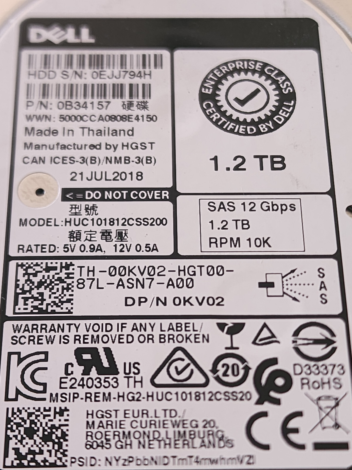 Dell 1.2TB 10K 12G 2.5″ SAS HDD HUC101812CSS200 0KV02 GEN14 Caddy 92% REMAINING