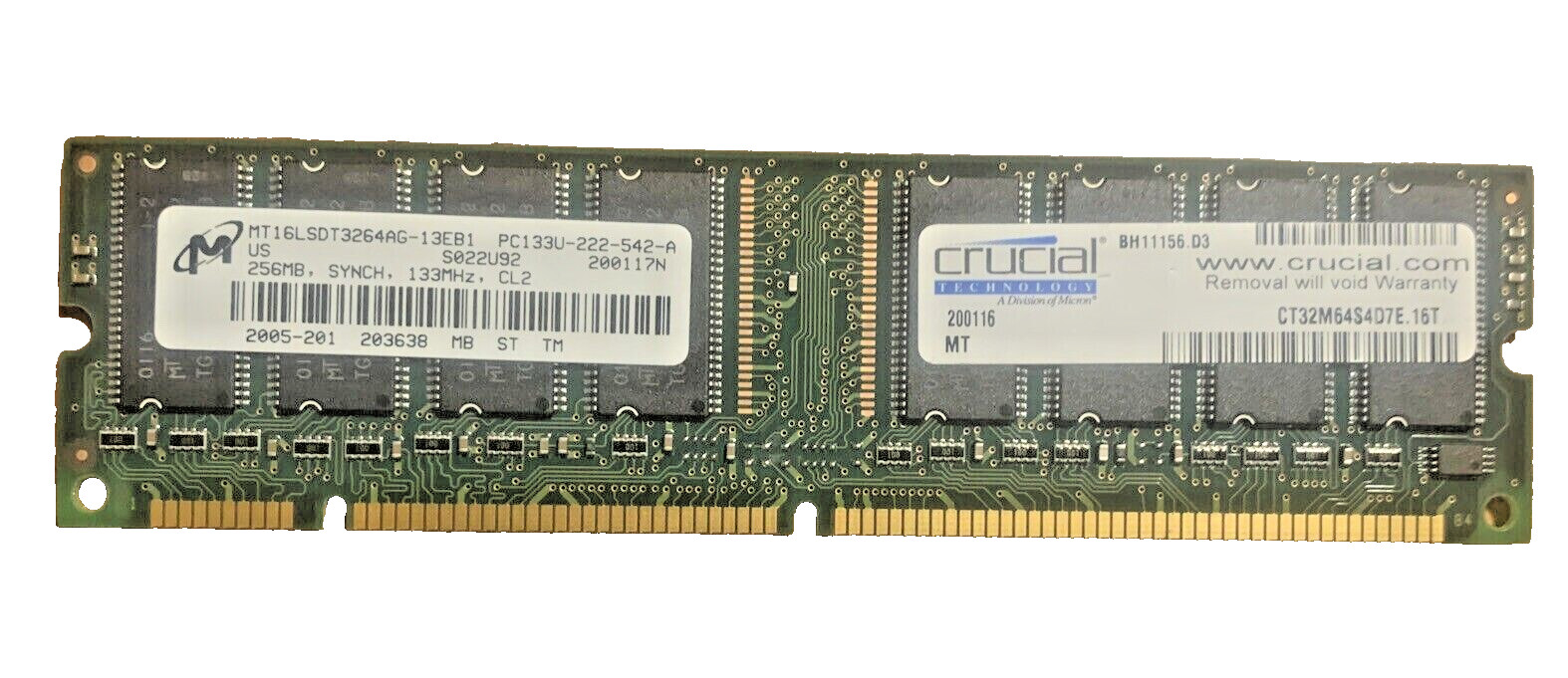 Crucial 256MB 32Mx64 Dimm SDRAM CL2 133MHz Memory Card CT32M64S4D7E PC133U Used
