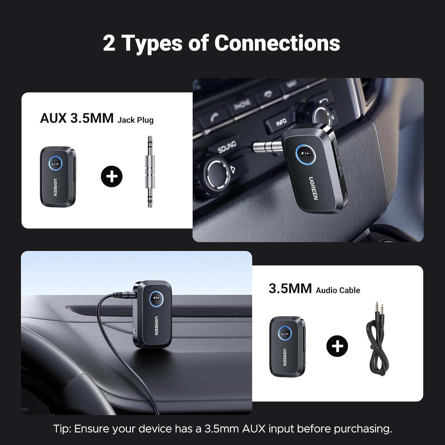 Bluetooth 5.4 Car Adapter, Hands-Free Call & Noise Cancelling AUX to Bluetooth A