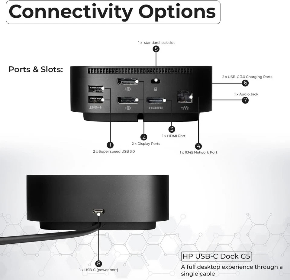 HP USB-C G5 Dock With Charger Docking Station 5TW10UT#ABA with 120W AC Adapter