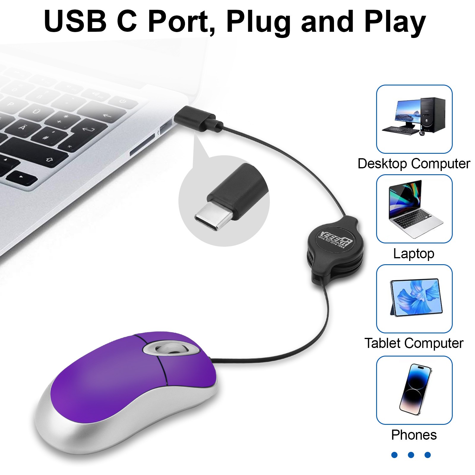 USB C Optical Mouse Mini Wired Mice w/ Retractable Cable for PC Computer Laptop